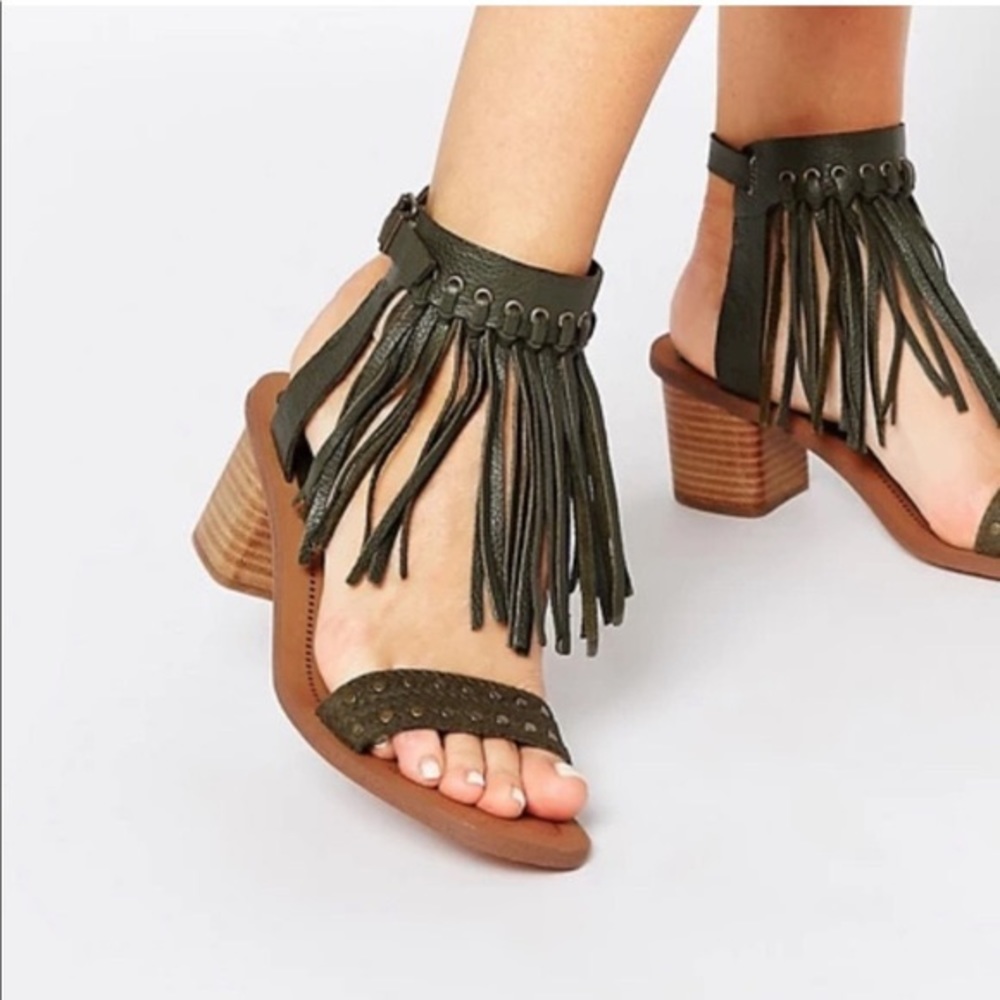 Aldo Olive Green Fringe Block Heel Sandals